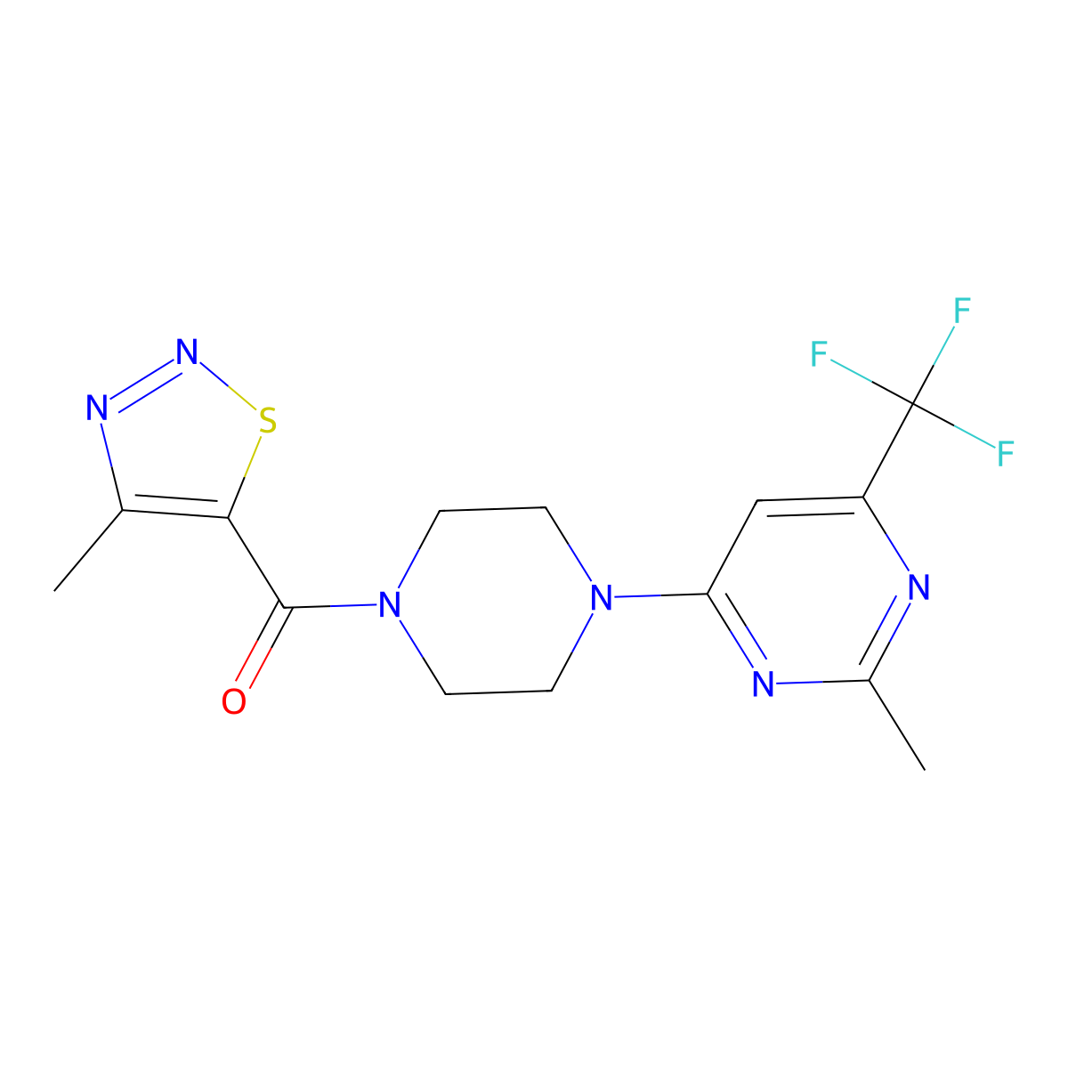(4-Methyl-1,2,3-thiadiazol-5-yl)(4-(2-methyl-6-(trifluoromethyl)pyrimidin-4-yl)piperazin-1-yl)methanone molecular structure, CAS 2034442-42-5