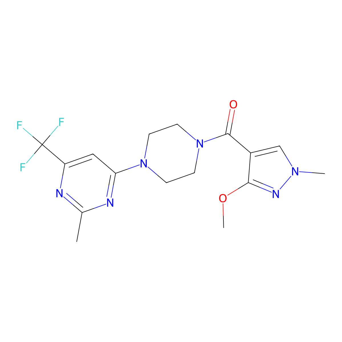 (3-methoxy-1-methyl-1H-pyrazol-4-yl)(4-(2-methyl-6-(trifluoromethyl)pyrimidin-4-yl)piperazin-1-yl)methanone molecular structure, CAS 2034442-46-9