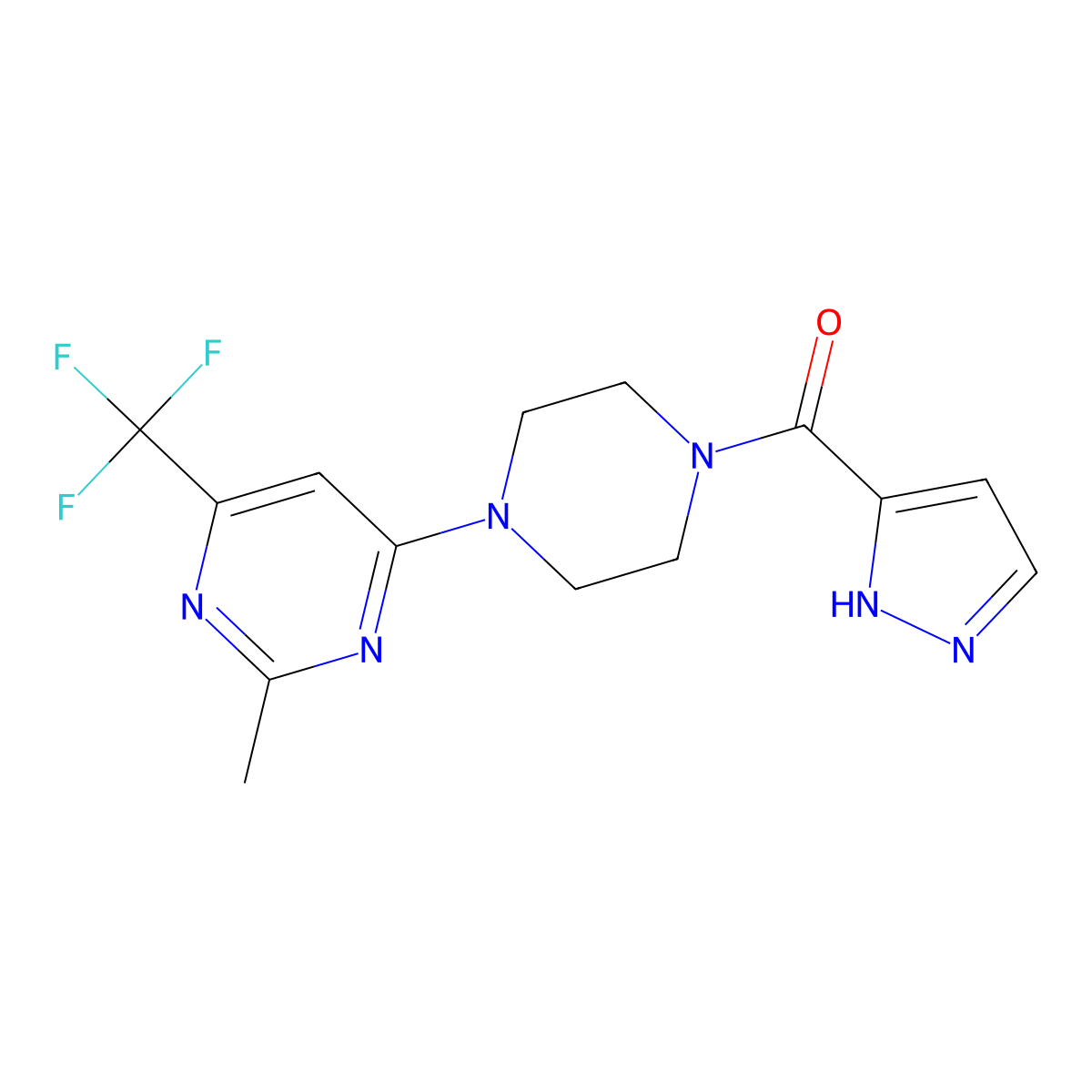 (4-(2-methyl-6-(trifluoromethyl)pyrimidin-4-yl)piperazin-1-yl)(1H-pyrazol-3-yl)methanone molecular structure, CAS 2034442-53-8