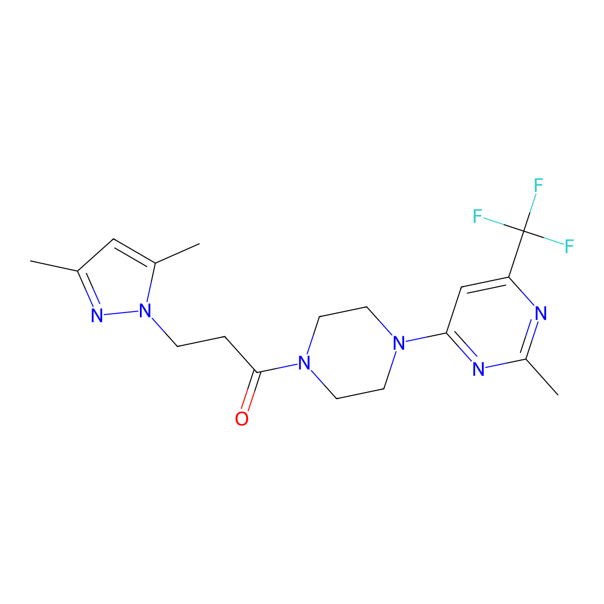 3-(3,5-dimethyl-1H-pyrazol-1-yl)-1-{4-[2-methyl-6-(trifluoromethyl)pyrimidin-4-yl]piperazin-1-yl}propan-1-one molecular structure, CAS 2034442-59-4