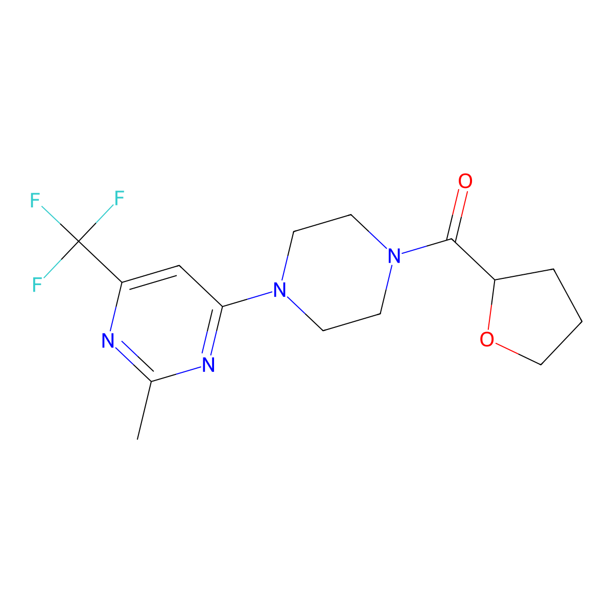 (4-(2-Methyl-6-(trifluoromethyl)pyrimidin-4-yl)piperazin-1-yl)(tetrahydrofuran-2-yl)methanone molecular structure, CAS 2034442-71-0
