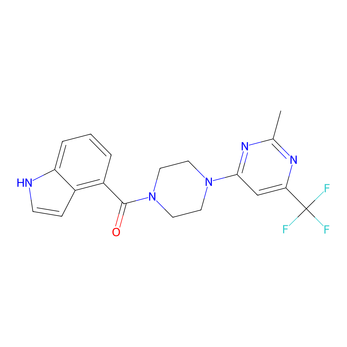 (1H-indol-4-yl)(4-(2-methyl-6-(trifluoromethyl)pyrimidin-4-yl)piperazin-1-yl)methanone molecular structure, CAS 2034442-77-6
