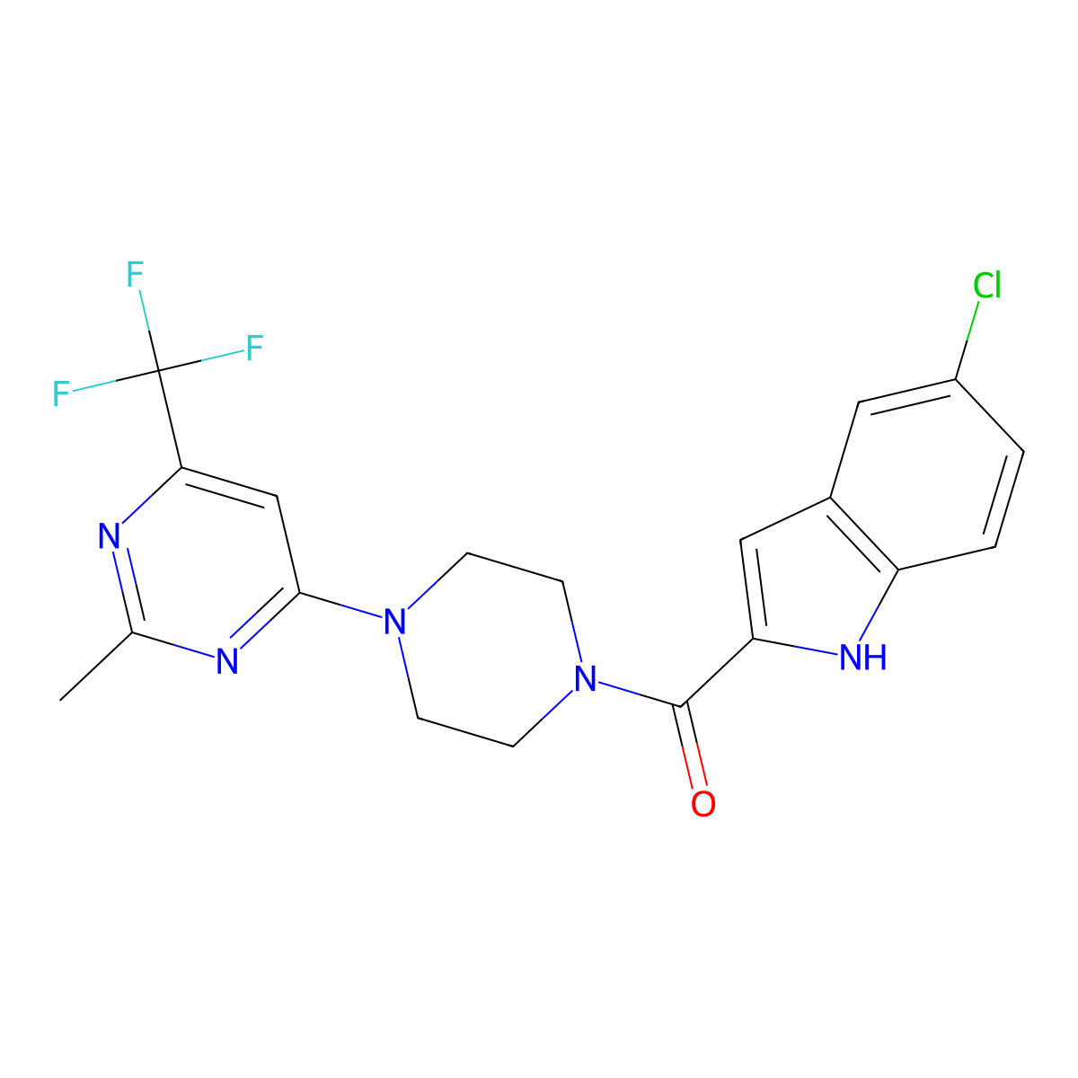 (5-chloro-1H-indol-2-yl)(4-(2-methyl-6-(trifluoromethyl)pyrimidin-4-yl)piperazin-1-yl)methanone molecular structure, CAS 2034442-83-4