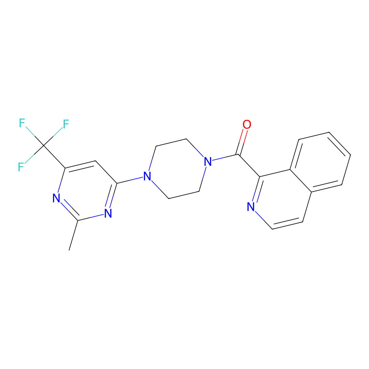 Isoquinolin-1-yl(4-(2-methyl-6-(trifluoromethyl)pyrimidin-4-yl)piperazin-1-yl)methanone molecular structure, CAS 2034442-91-4