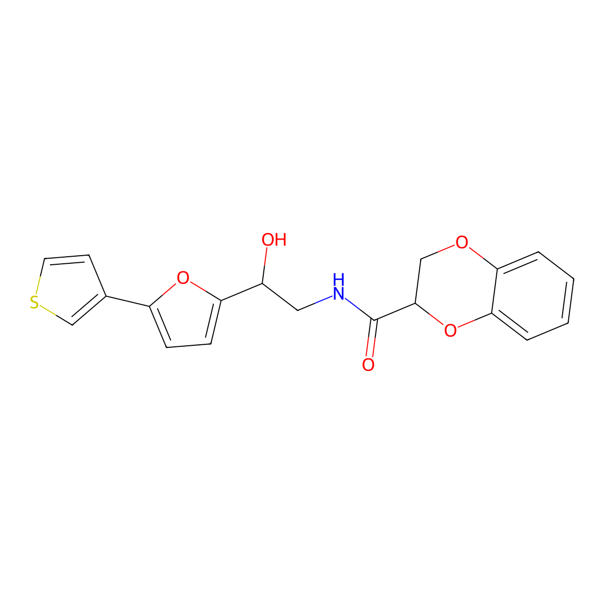 N-{2-hydroxy-2-[5-(thiophen-3-yl)furan-2-yl]ethyl}-2,3-dihydro-1,4-benzodioxine-2-carboxamide molecular structure, CAS 2034442-99-2