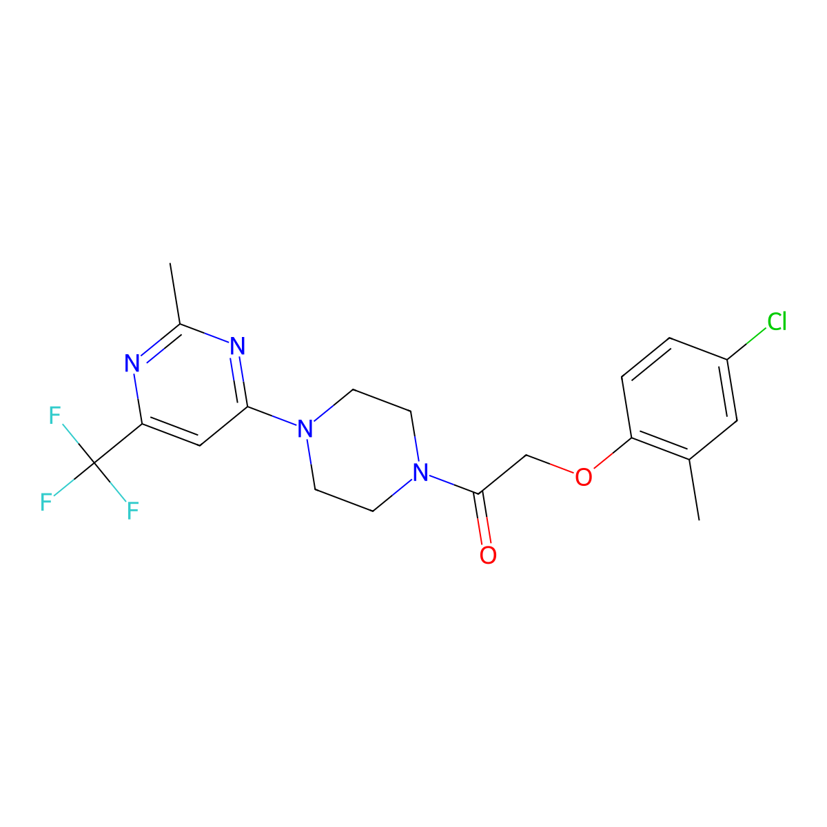 2-(4-Chloro-2-methylphenoxy)-1-(4-(2-methyl-6-(trifluoromethyl)pyrimidin-4-yl)piperazin-1-yl)ethanone molecular structure, CAS 2034443-05-3