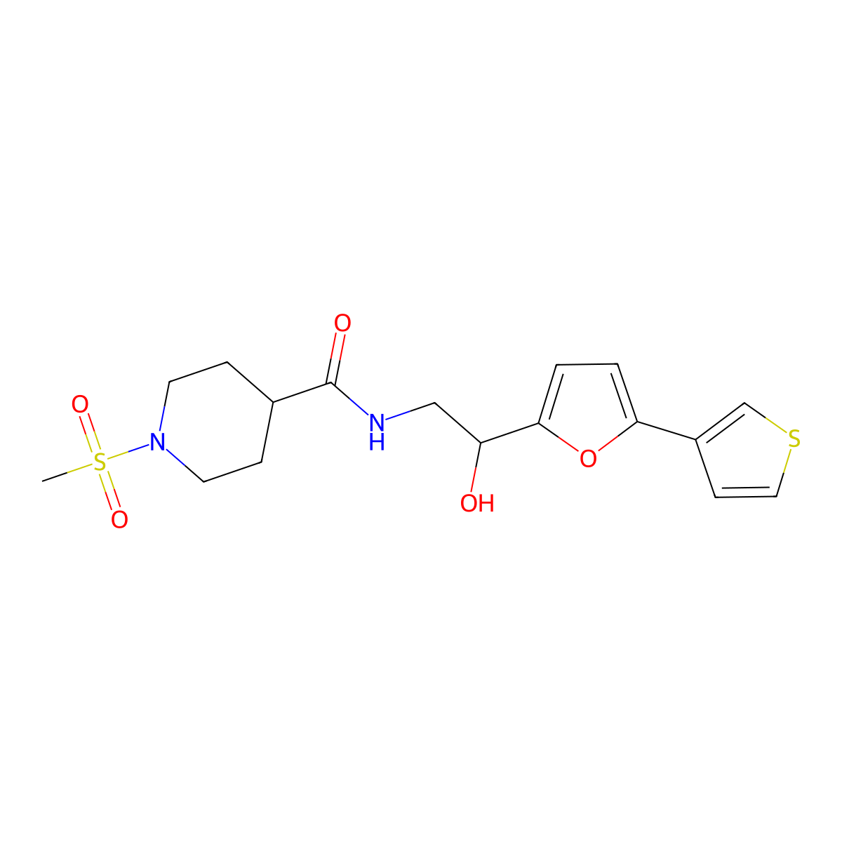 N-(2-hydroxy-2-(5-(thiophen-3-yl)furan-2-yl)ethyl)-1-(methylsulfonyl)piperidine-4-carboxamide molecular structure, CAS 2034443-23-5