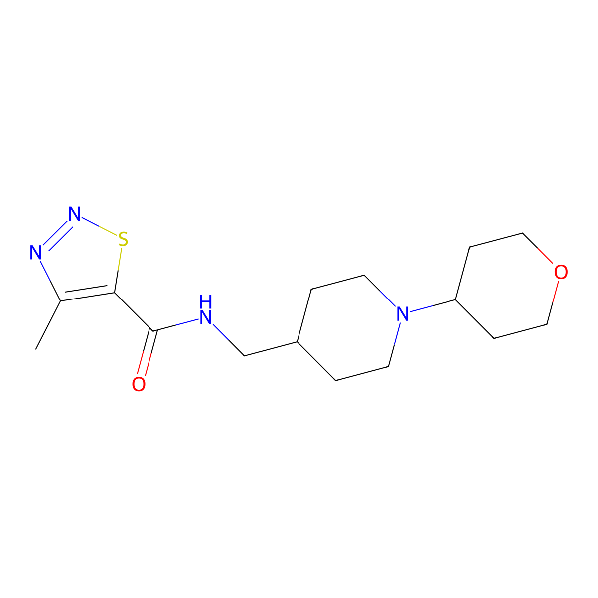 4-methyl-N-((1-(tetrahydro-2H-pyran-4-yl)piperidin-4-yl)methyl)-1,2,3-thiadiazole-5-carboxamide molecular structure, CAS 2034443-54-2