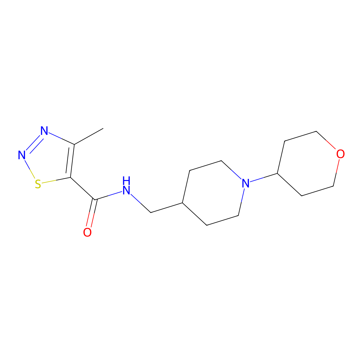 4-methyl-N-((1-(tetrahydro-2H-pyran-4-yl)piperidin-4-yl)methyl)-1,2,3-thiadiazole-5-carboxamide molecular structure, CAS 2034443-54-2