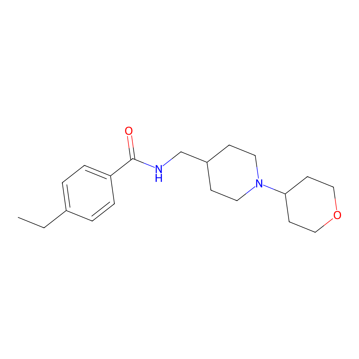 4-ethyl-N-((1-(tetrahydro-2H-pyran-4-yl)piperidin-4-yl)methyl)benzamide molecular structure, CAS 2034443-58-6