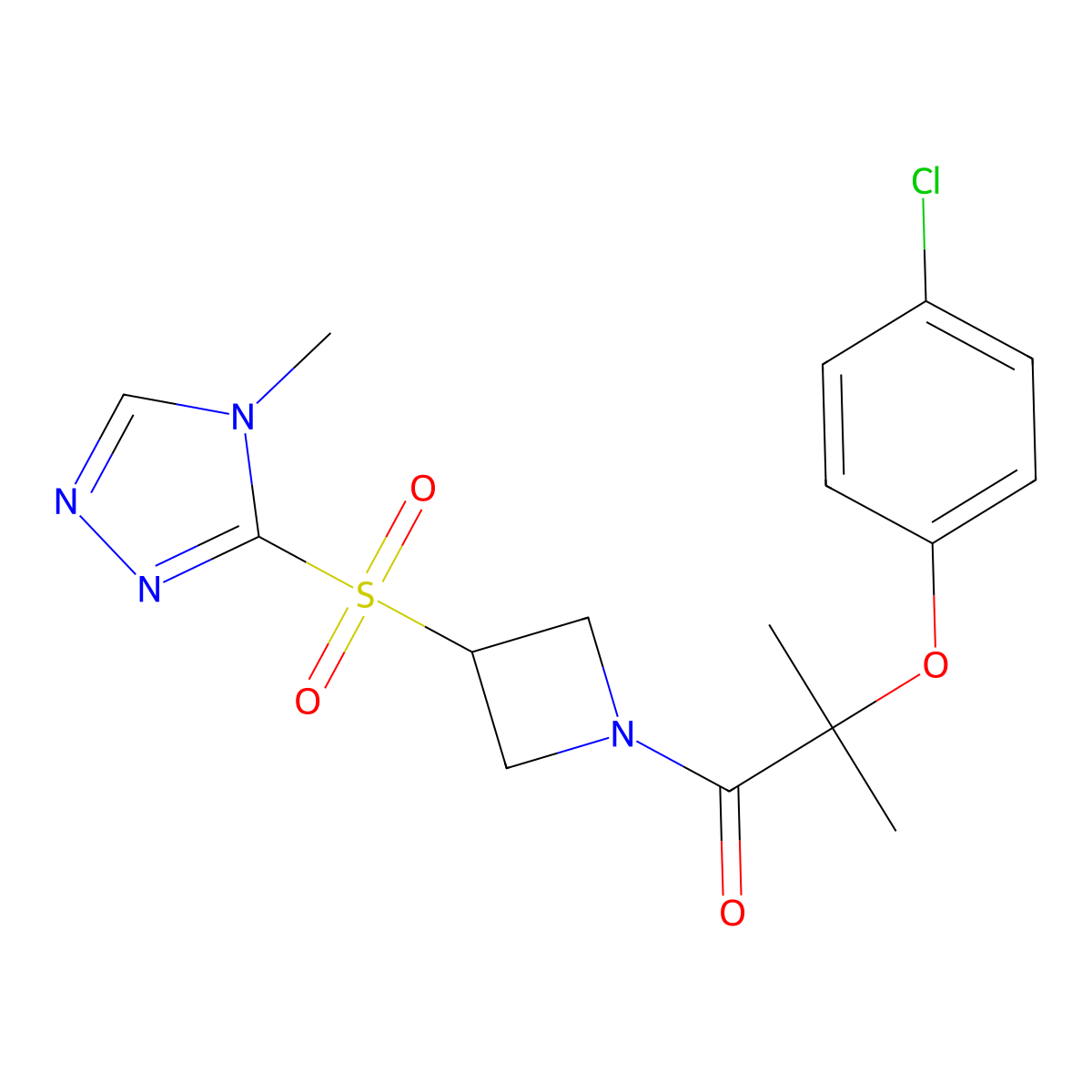 2-(4-chlorophenoxy)-2-methyl-1-(3-((4-methyl-4H-1,2,4-triazol-3-yl)sulfonyl)azetidin-1-yl)propan-1-one molecular structure, CAS 2034443-59-7