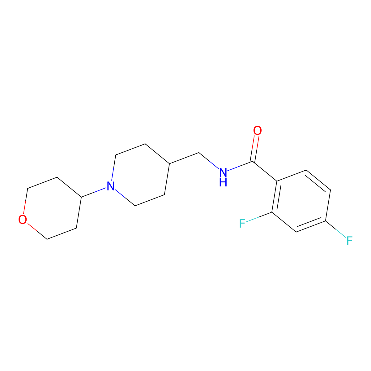2,4-difluoro-N-((1-(tetrahydro-2H-pyran-4-yl)piperidin-4-yl)methyl)benzamide molecular structure, CAS 2034443-64-4