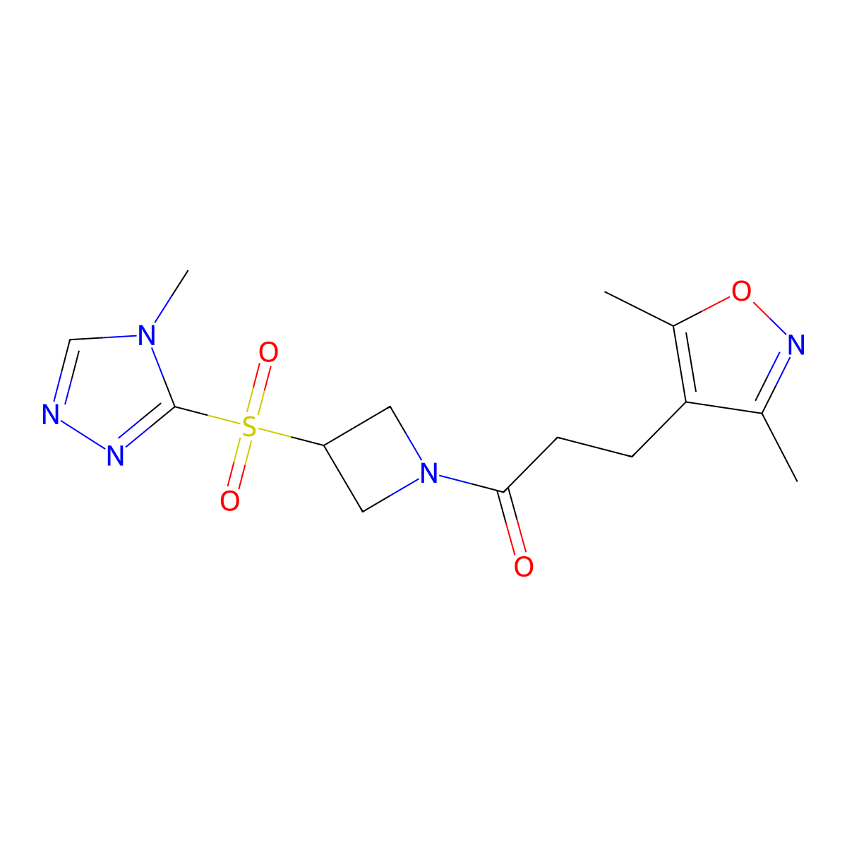 3-(3,5-dimethylisoxazol-4-yl)-1-(3-((4-methyl-4H-1,2,4-triazol-3-yl)sulfonyl)azetidin-1-yl)propan-1-one molecular structure, CAS 2034443-72-4