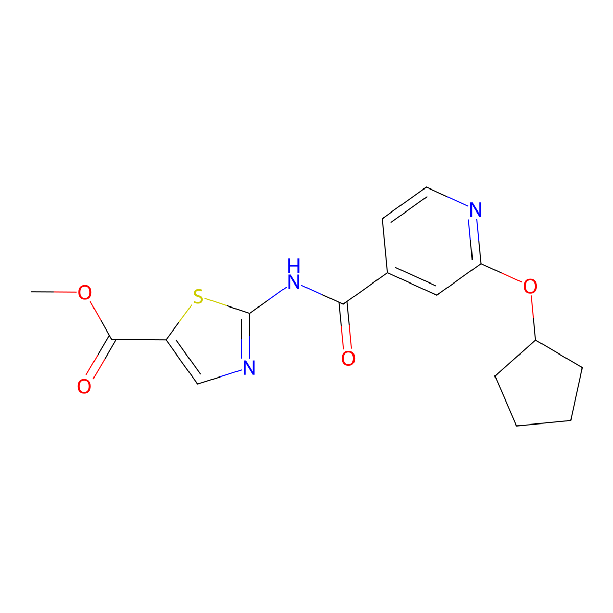 Methyl 2-(2-(cyclopentyloxy)isonicotinamido)thiazole-5-carboxylate molecular structure, CAS 2034443-74-6