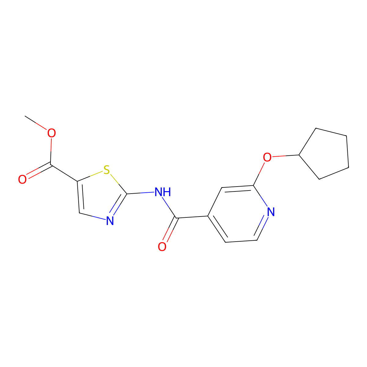 Methyl 2-(2-(cyclopentyloxy)isonicotinamido)thiazole-5-carboxylate molecular structure, CAS 2034443-74-6
