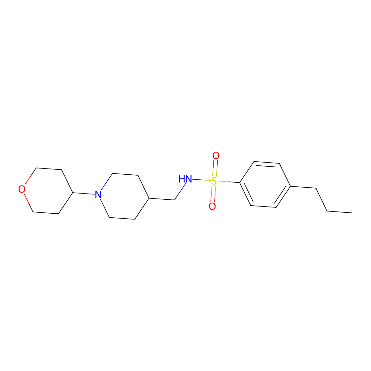 4-propyl-N-((1-(tetrahydro-2H-pyran-4-yl)piperidin-4-yl)methyl)benzenesulfonamide molecular structure, CAS 2034443-78-0