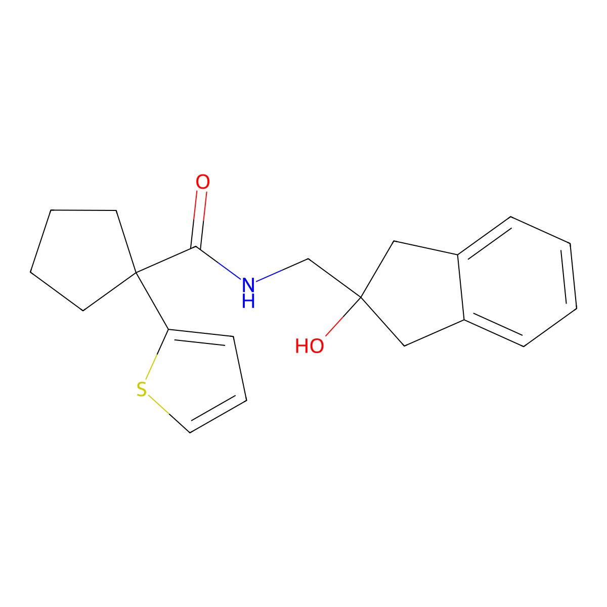 N-((2-hydroxy-2,3-dihydro-1H-inden-2-yl)methyl)-1-(thiophen-2-yl)cyclopentanecarboxamide molecular structure, CAS 2034443-82-6