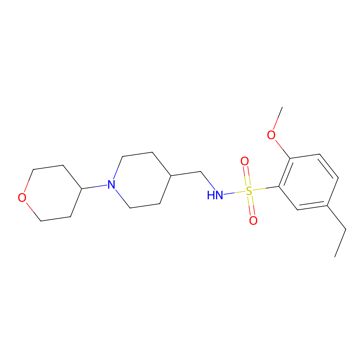 5-ethyl-2-methoxy-N-((1-(tetrahydro-2H-pyran-4-yl)piperidin-4-yl)methyl)benzenesulfonamide molecular structure, CAS 2034443-86-0