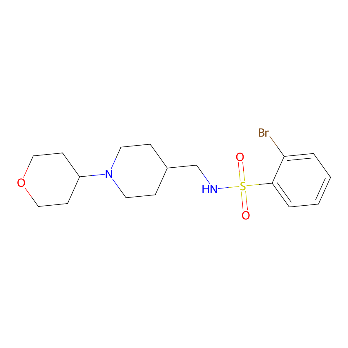 2-bromo-N-((1-(tetrahydro-2H-pyran-4-yl)piperidin-4-yl)methyl)benzenesulfonamide molecular structure, CAS 2034443-92-8