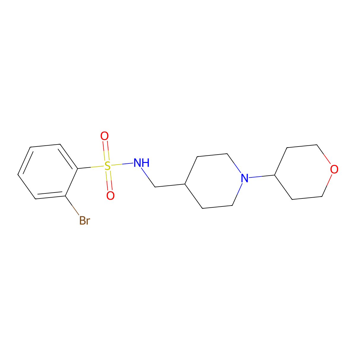 2-bromo-N-((1-(tetrahydro-2H-pyran-4-yl)piperidin-4-yl)methyl)benzenesulfonamide molecular structure, CAS 2034443-92-8