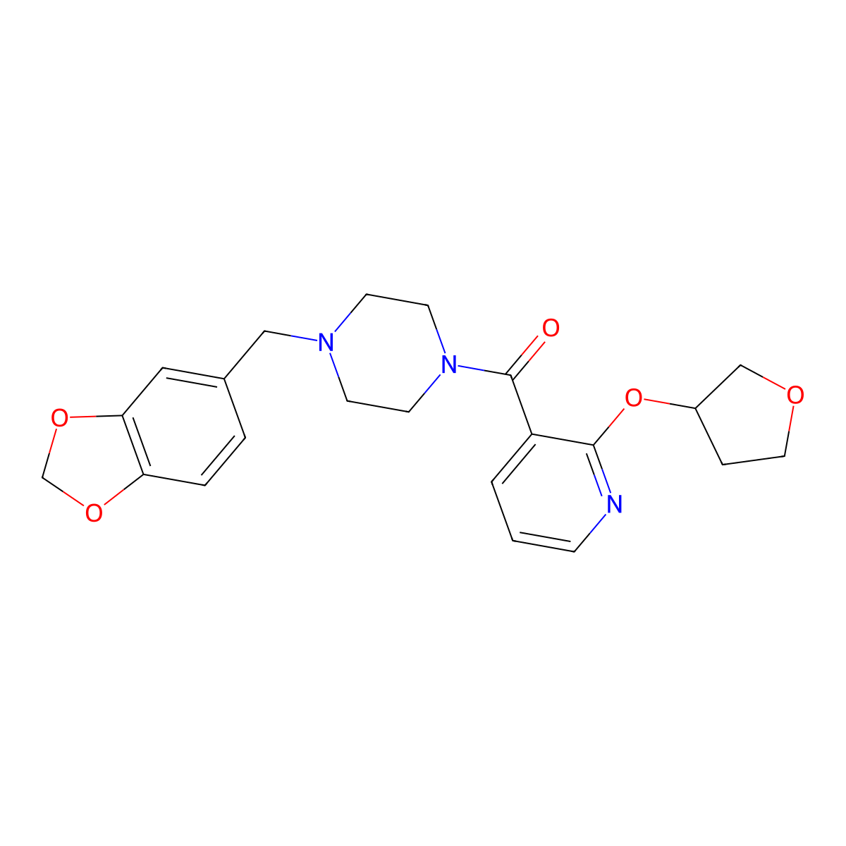 (4-(Benzo[d][1,3]dioxol-5-ylmethyl)piperazin-1-yl)(2-((tetrahydrofuran-3-yl)oxy)pyridin-3-yl)methanone molecular structure, CAS 2034444-00-1