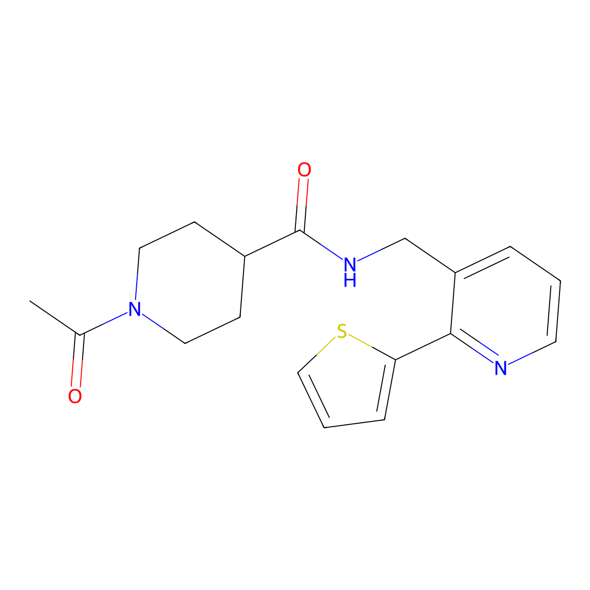 1-acetyl-N-((2-(thiophen-2-yl)pyridin-3-yl)methyl)piperidine-4-carboxamide molecular structure, CAS 2034444-17-0
