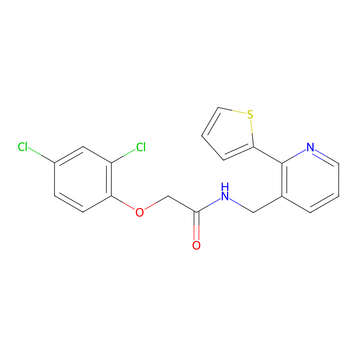 2-(2,4-dichlorophenoxy)-N-{[2-(thiophen-2-yl)pyridin-3-yl]methyl}acetamide molecular structure, CAS 2034444-36-3