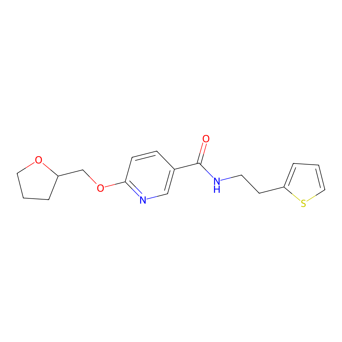 6-((tetrahydrofuran-2-yl)methoxy)-N-(2-(thiophen-2-yl)ethyl)nicotinamide molecular structure, CAS 2034444-56-7