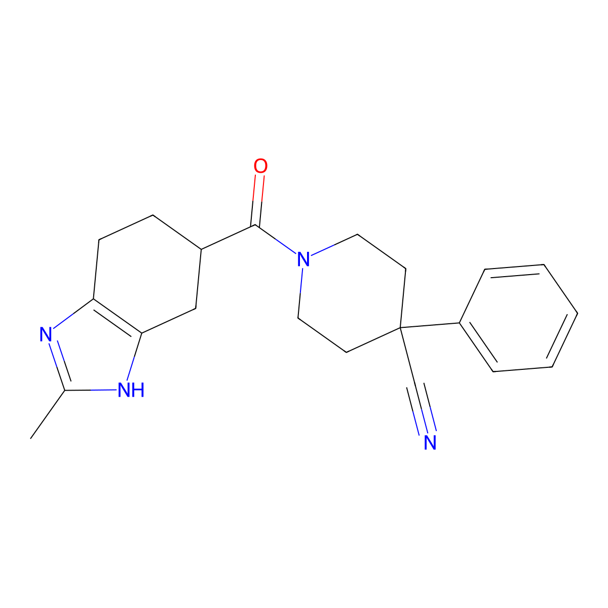 1-(2-methyl-4,5,6,7-tetrahydro-1H-benzo[d]imidazole-5-carbonyl)-4-phenylpiperidine-4-carbonitrile molecular structure, CAS 2034444-68-1