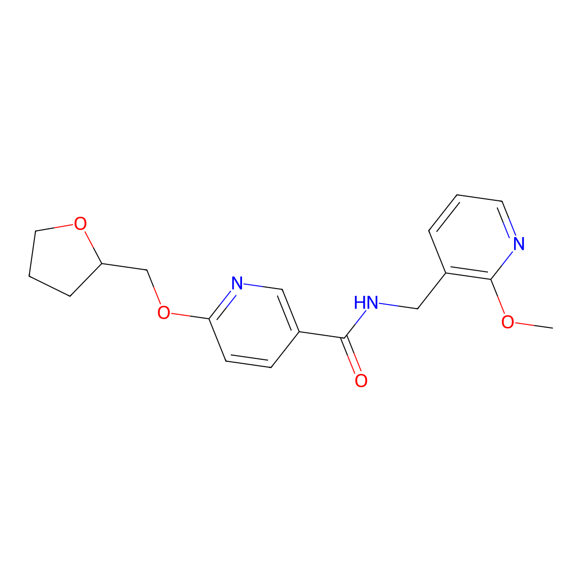 N-((2-methoxypyridin-3-yl)methyl)-6-((tetrahydrofuran-2-yl)methoxy)nicotinamide molecular structure, CAS 2034444-79-4