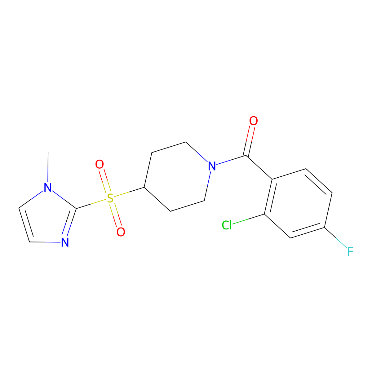 (2-chloro-4-fluorophenyl)(4-((1-methyl-1H-imidazol-2-yl)sulfonyl)piperidin-1-yl)methanone molecular structure, CAS 2034444-80-7
