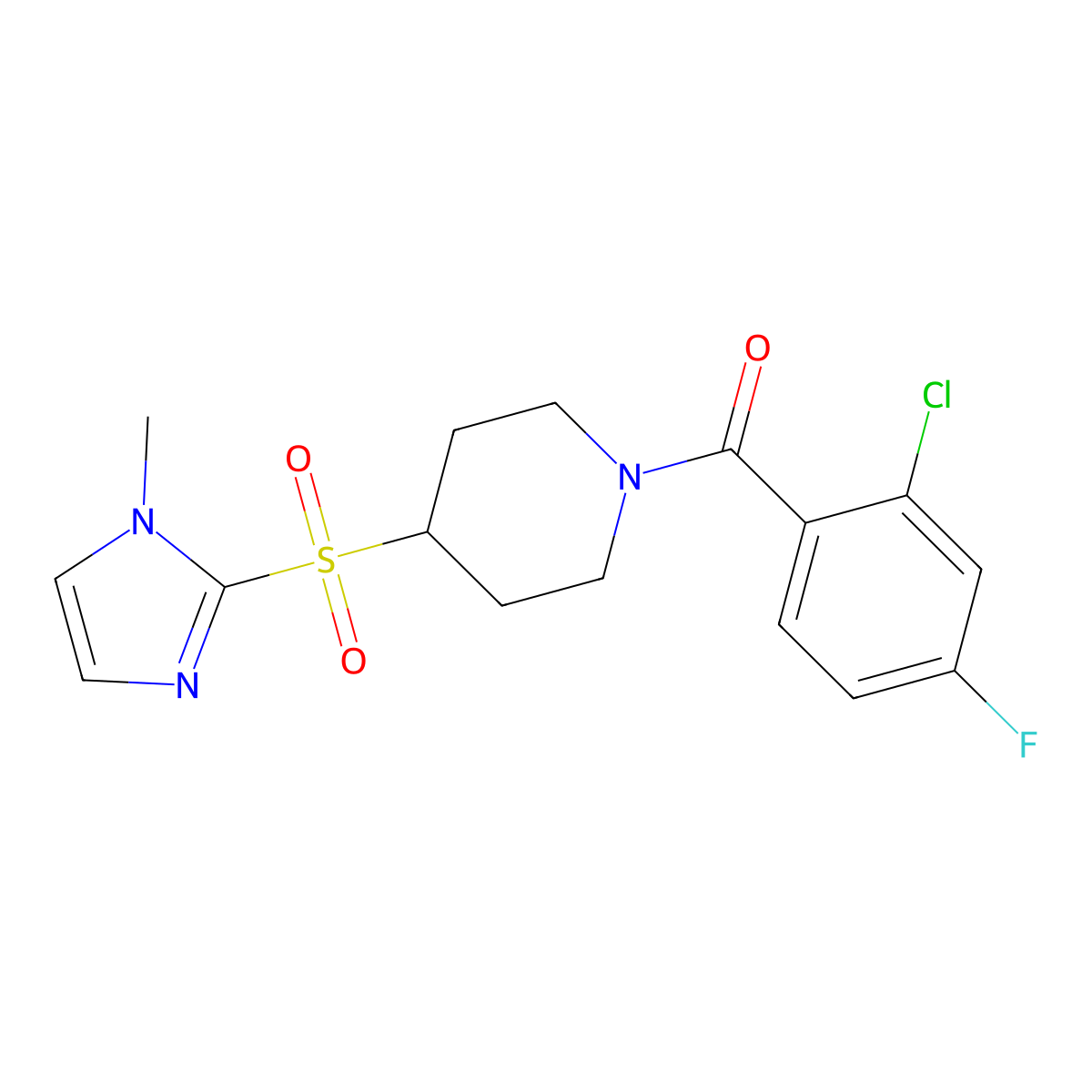 (2-chloro-4-fluorophenyl)(4-((1-methyl-1H-imidazol-2-yl)sulfonyl)piperidin-1-yl)methanone molecular structure, CAS 2034444-80-7