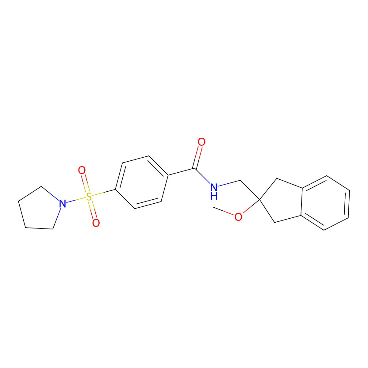 N-((2-methoxy-2,3-dihydro-1H-inden-2-yl)methyl)-4-(pyrrolidin-1-ylsulfonyl)benzamide molecular structure, CAS 2034445-00-4