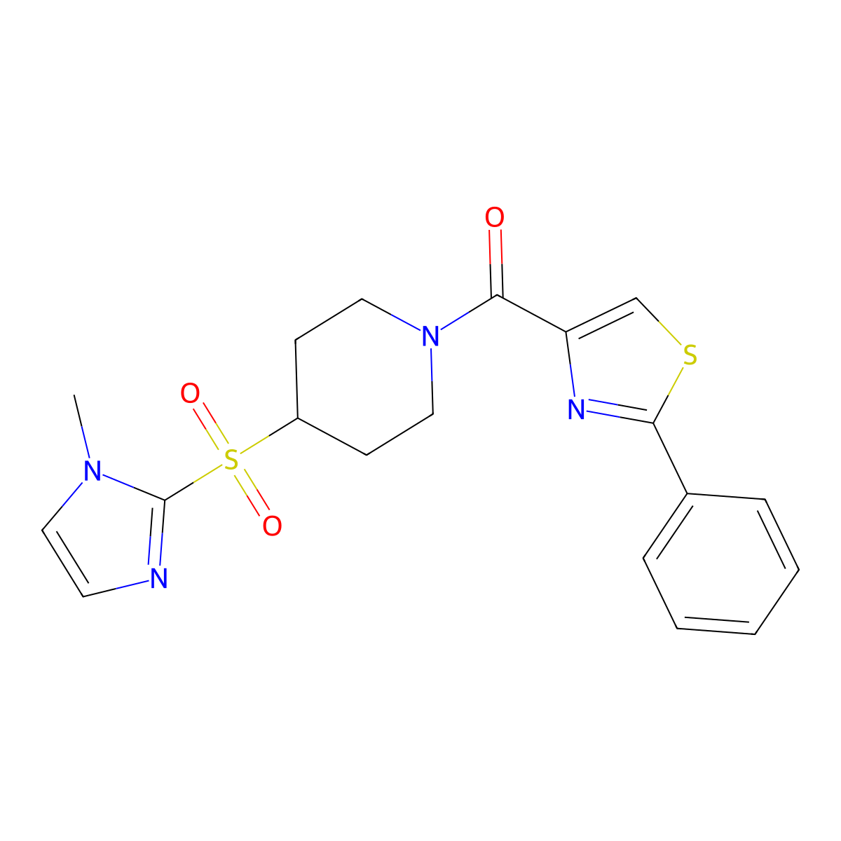 (4-((1-methyl-1H-imidazol-2-yl)sulfonyl)piperidin-1-yl)(2-phenylthiazol-4-yl)methanone molecular structure, CAS 2034445-10-6
