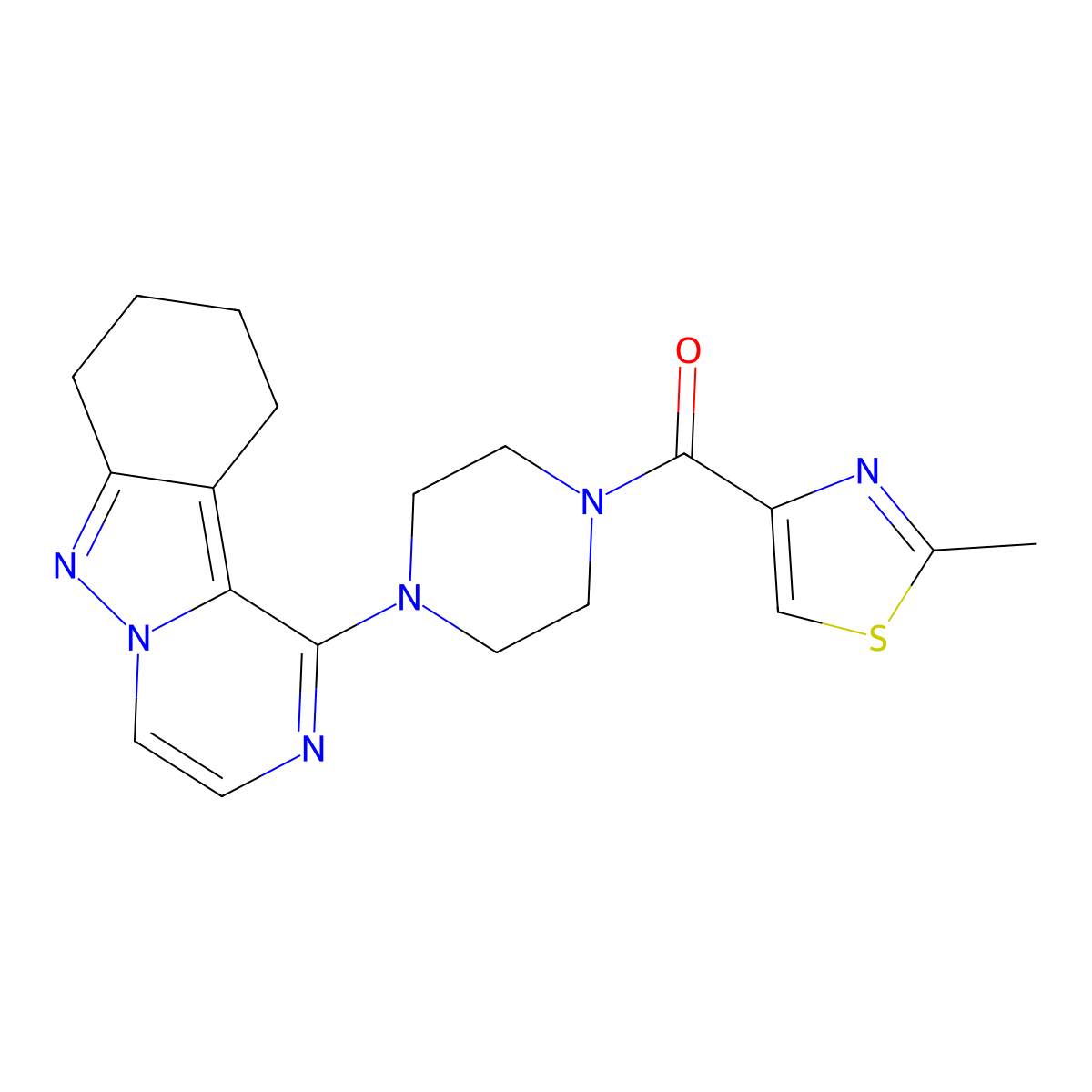(2-Methylthiazol-4-yl)(4-(7,8,9,10-tetrahydropyrazino[1,2-b]indazol-1-yl)piperazin-1-yl)methanone molecular structure, CAS 2034445-11-7