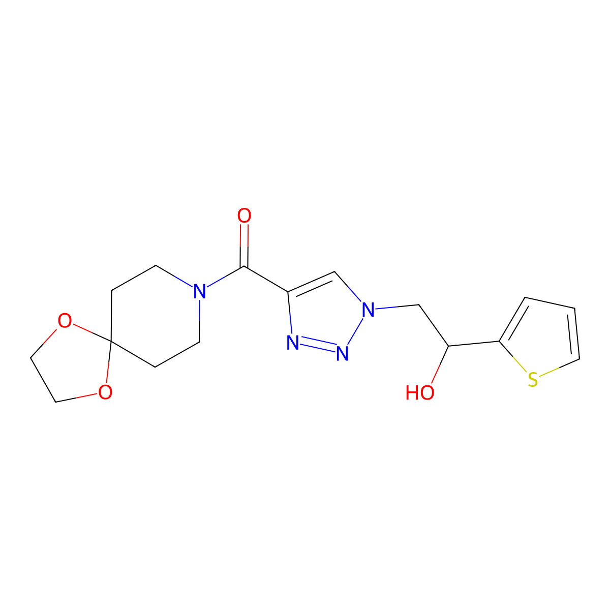 (1-(2-hydroxy-2-(thiophen-2-yl)ethyl)-1H-1,2,3-triazol-4-yl)(1,4-dioxa-8-azaspiro[4.5]decan-8-yl)methanone molecular structure, CAS 2034445-14-0