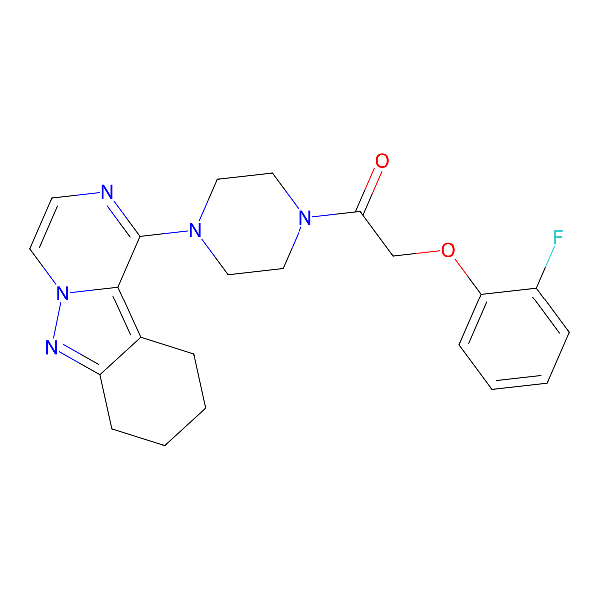 2-(2-Fluorophenoxy)-1-(4-(7,8,9,10-tetrahydropyrazino[1,2-b]indazol-1-yl)piperazin-1-yl)ethanone molecular structure, CAS 2034445-18-4