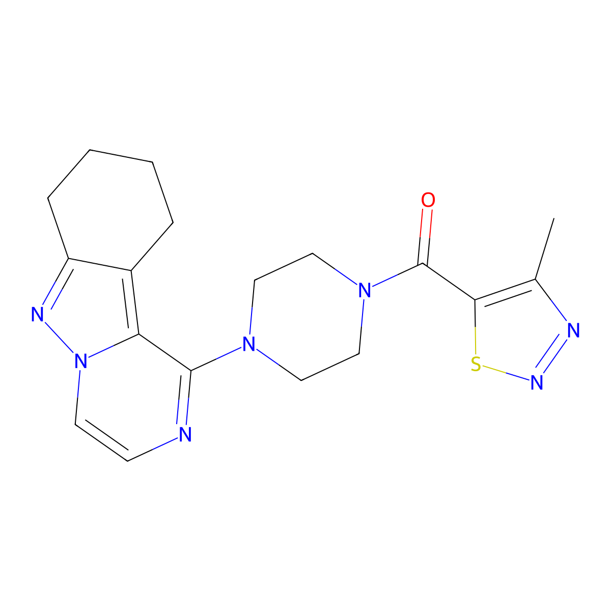 (4-Methyl-1,2,3-thiadiazol-5-yl)(4-(7,8,9,10-tetrahydropyrazino[1,2-b]indazol-1-yl)piperazin-1-yl)methanone molecular structure, CAS 2034445-27-5