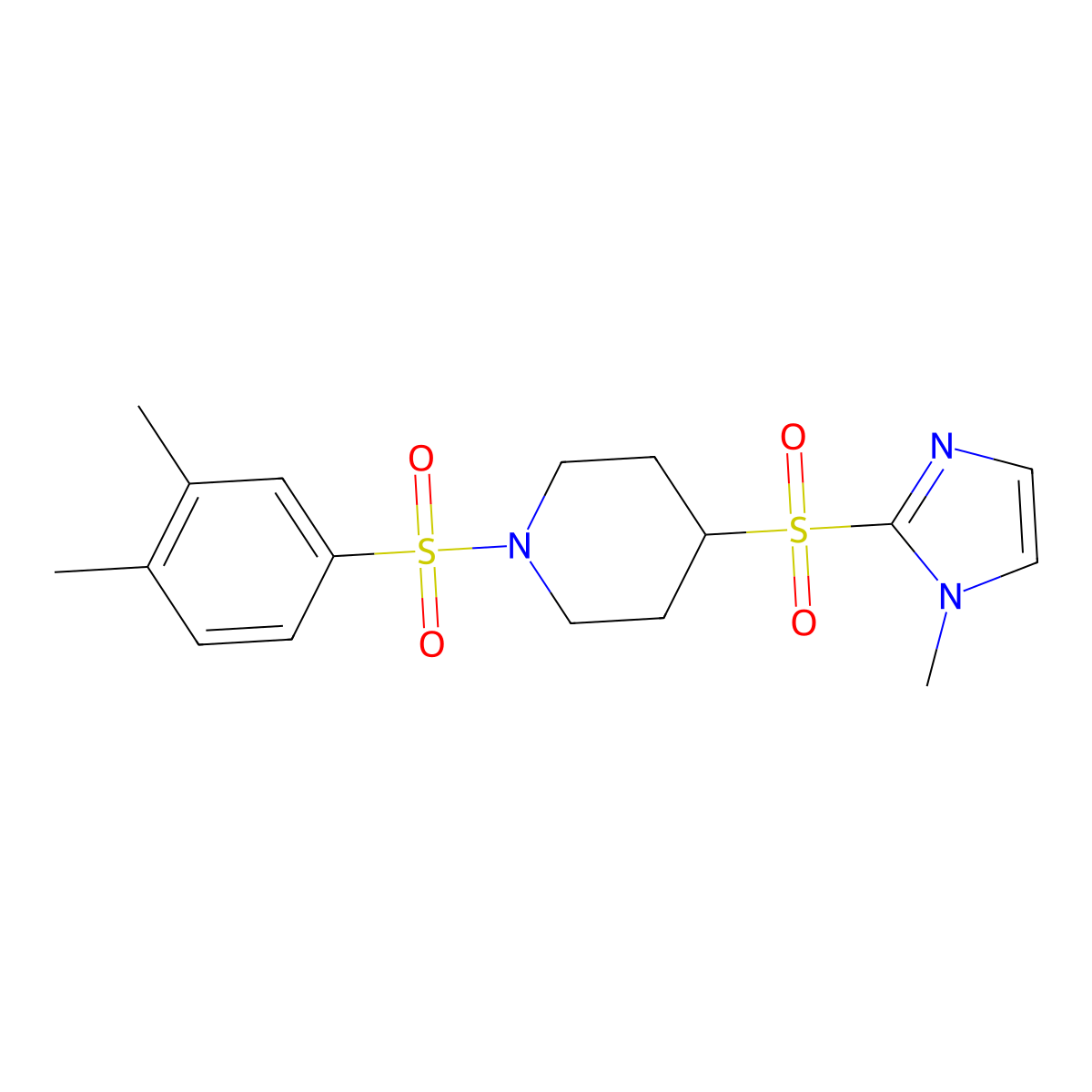 1-((3,4-dimethylphenyl)sulfonyl)-4-((1-methyl-1H-imidazol-2-yl)sulfonyl)piperidine molecular structure, CAS 2034445-28-6