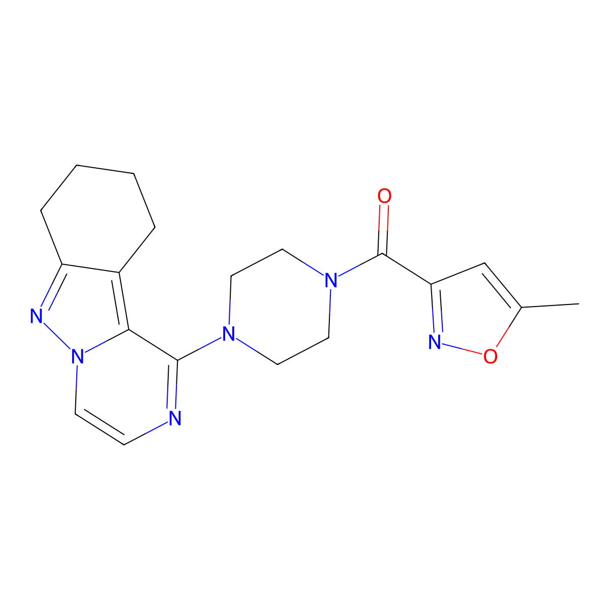 (5-Methylisoxazol-3-yl)(4-(7,8,9,10-tetrahydropyrazino[1,2-b]indazol-1-yl)piperazin-1-yl)methanone molecular structure, CAS 2034445-36-6