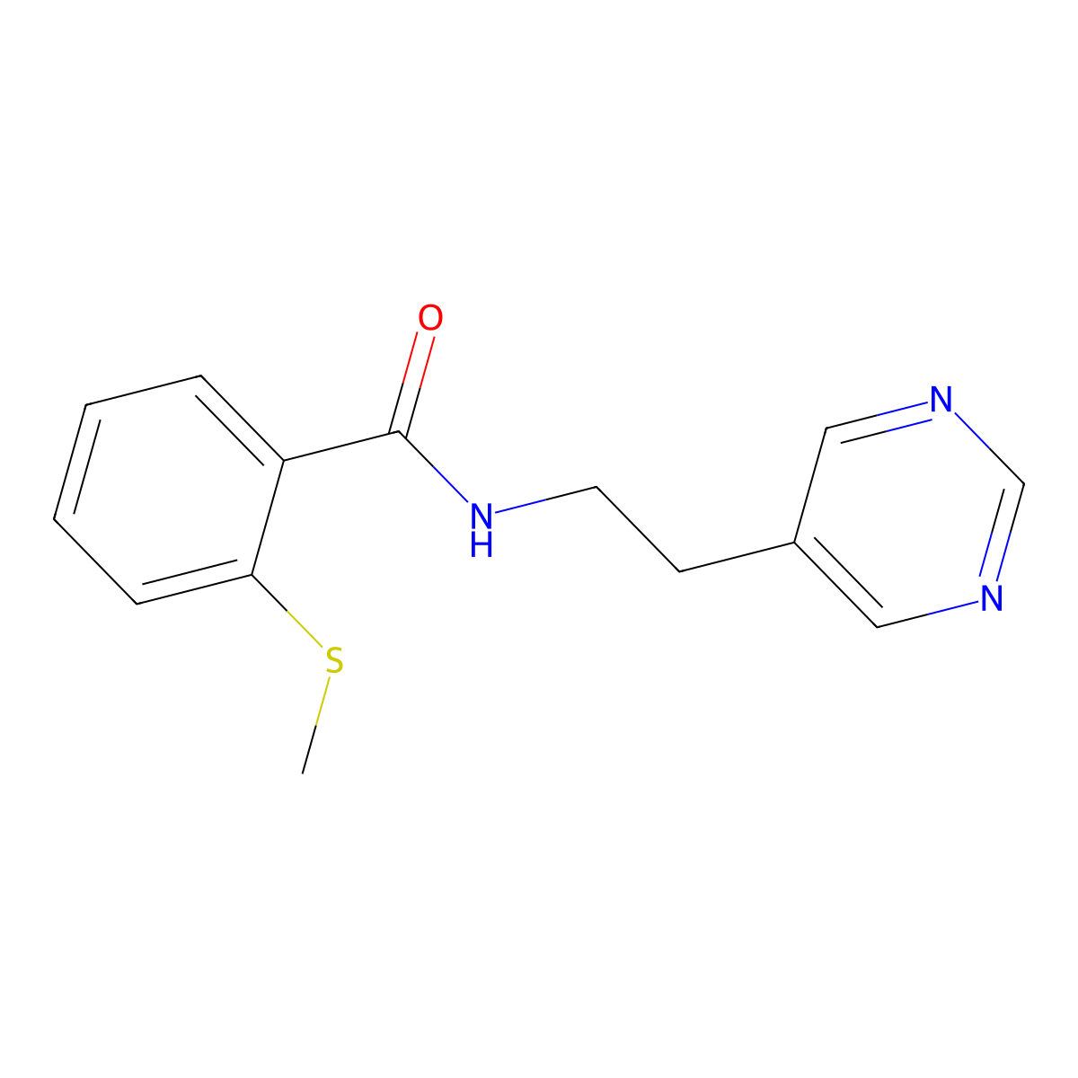 2-(methylthio)-N-(2-(pyrimidin-5-yl)ethyl)benzamide molecular structure, CAS 2034445-43-5