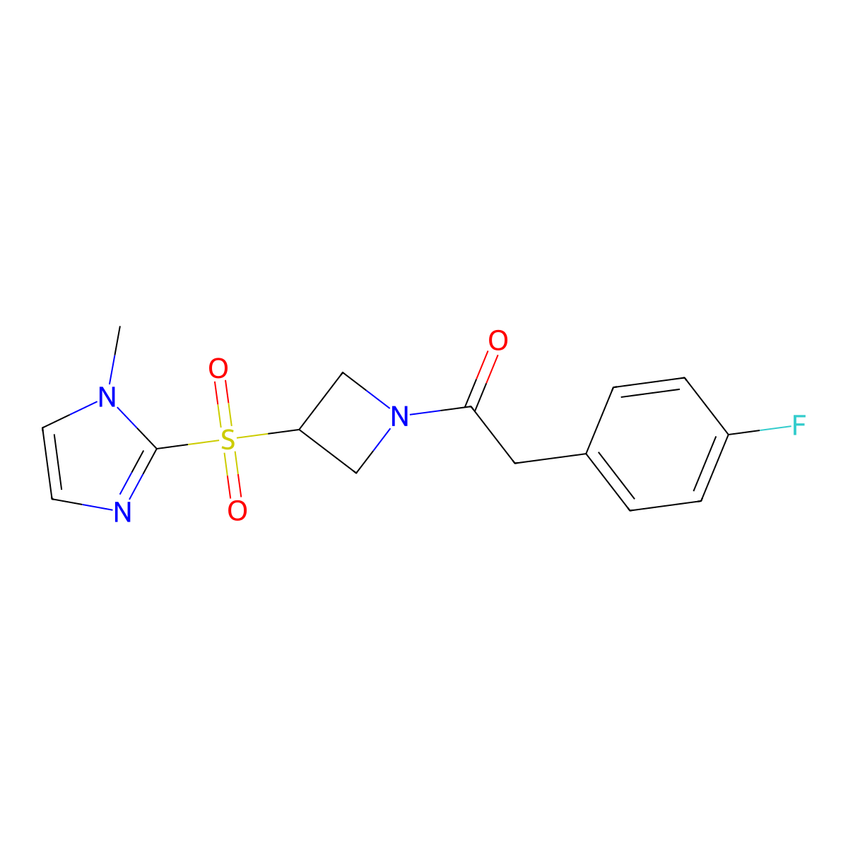 2-(4-fluorophenyl)-1-(3-((1-methyl-1H-imidazol-2-yl)sulfonyl)azetidin-1-yl)ethanone molecular structure, CAS 2034445-49-1
