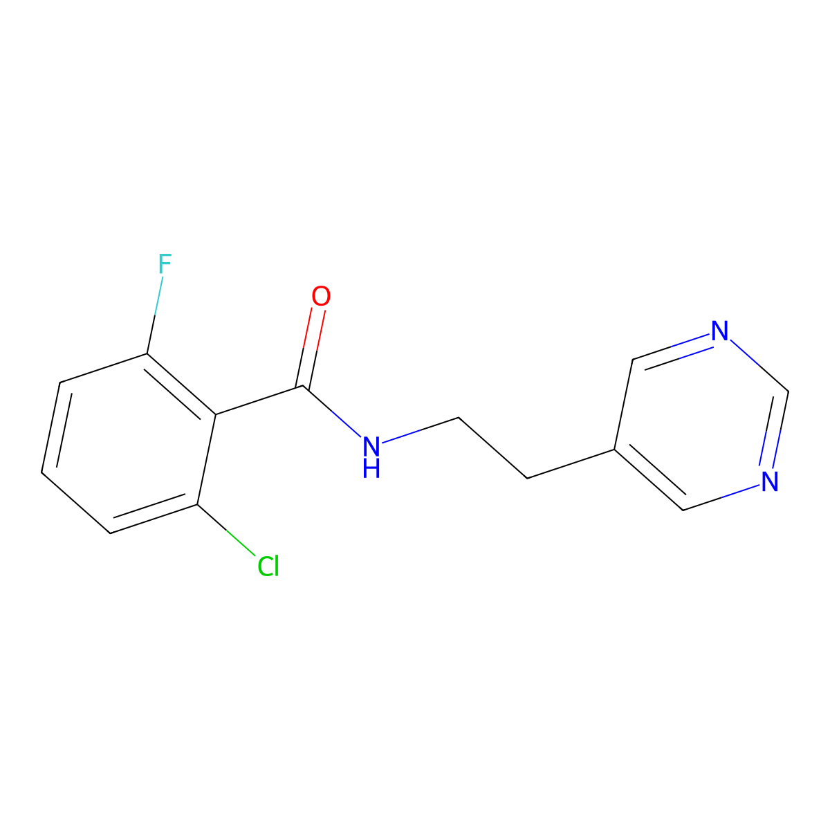 2-chloro-6-fluoro-N-(2-(pyrimidin-5-yl)ethyl)benzamide molecular structure, CAS 2034445-50-4