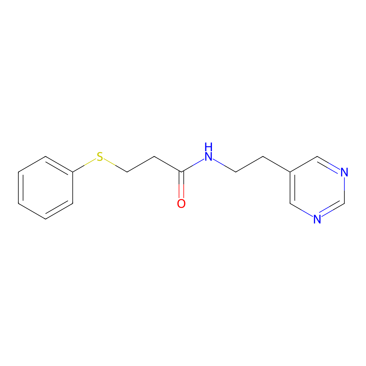 3-(phenylthio)-N-(2-(pyrimidin-5-yl)ethyl)propanamide molecular structure, CAS 2034445-55-9