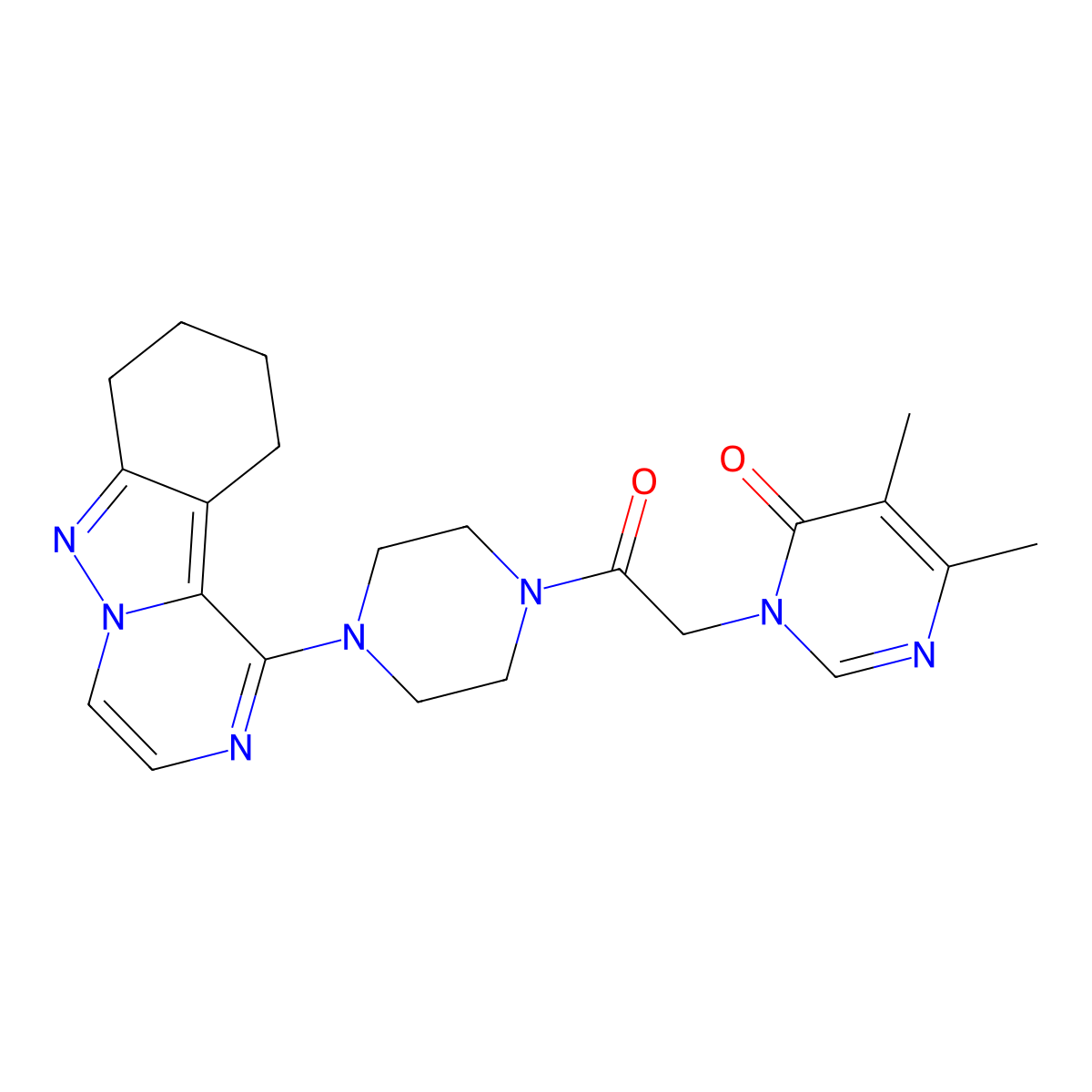 5,6-dimethyl-3-(2-oxo-2-(4-(7,8,9,10-tetrahydropyrazino[1,2-b]indazol-1-yl)piperazin-1-yl)ethyl)pyrimidin-4(3H)-one molecular structure, CAS 2034445-59-3