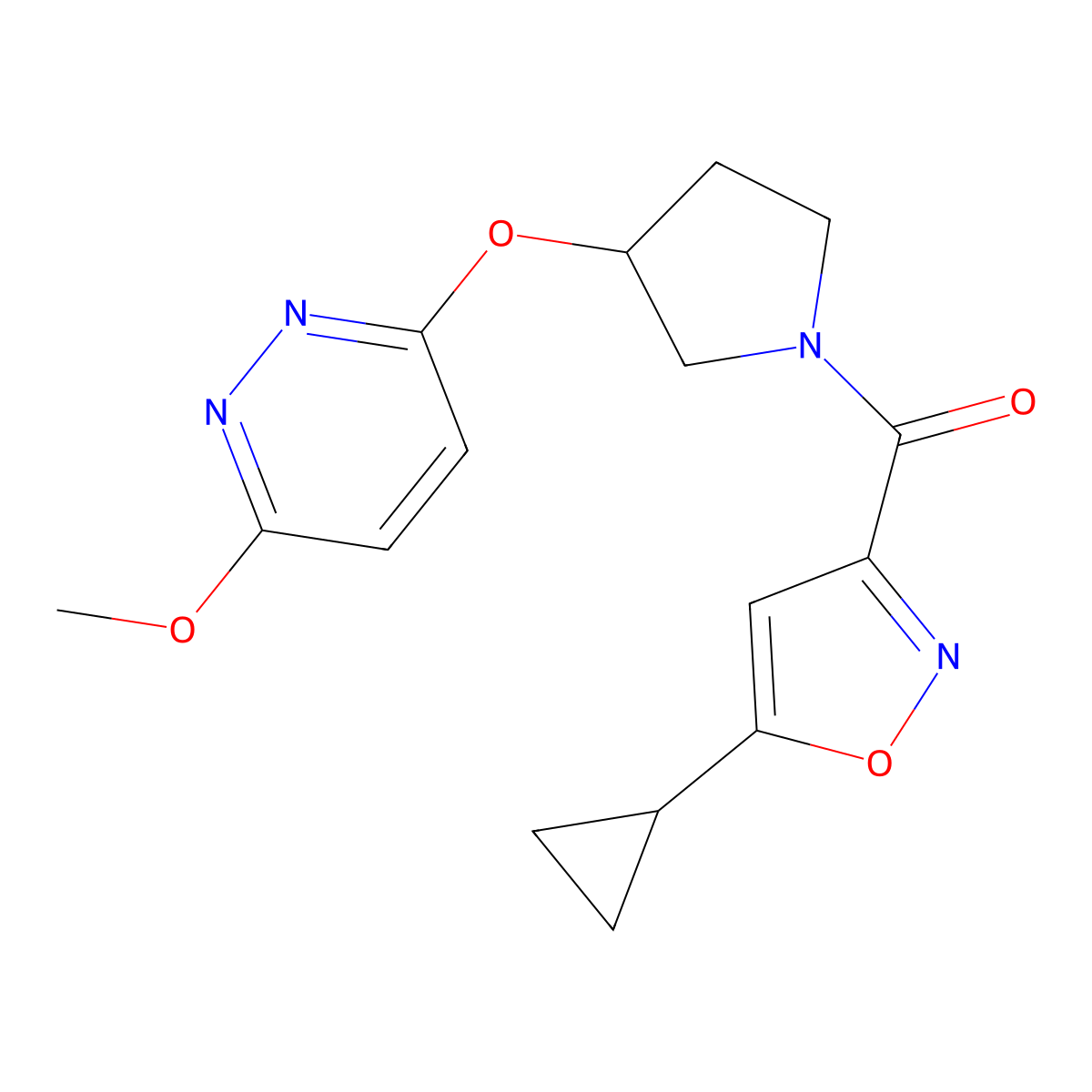 (5-Cyclopropylisoxazol-3-yl)(3-((6-methoxypyridazin-3-yl)oxy)pyrrolidin-1-yl)methanone molecular structure, CAS 2034445-60-6