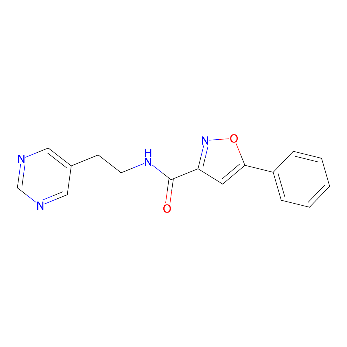 5-phenyl-N-(2-(pyrimidin-5-yl)ethyl)isoxazole-3-carboxamide molecular structure, CAS 2034445-63-9