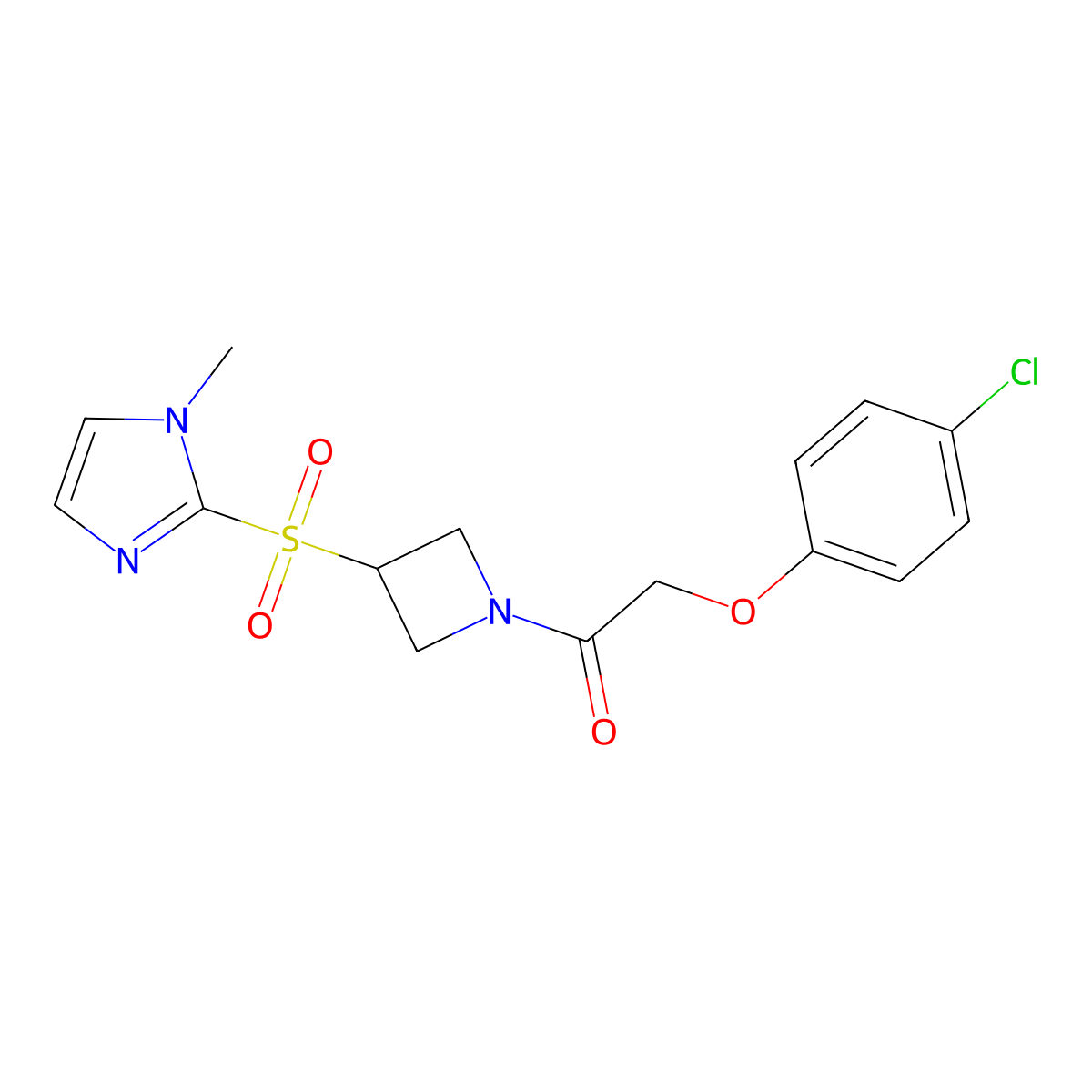 2-(4-chlorophenoxy)-1-(3-((1-methyl-1H-imidazol-2-yl)sulfonyl)azetidin-1-yl)ethanone molecular structure, CAS 2034445-67-3