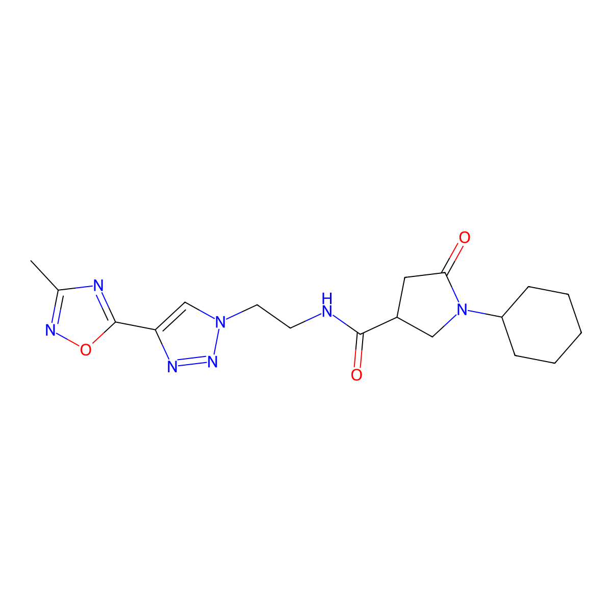 1-cyclohexyl-N-{2-[4-(3-methyl-1,2,4-oxadiazol-5-yl)-1H-1,2,3-triazol-1-yl]ethyl}-5-oxopyrrolidine-3-carboxamide molecular structure, CAS 2034445-68-4