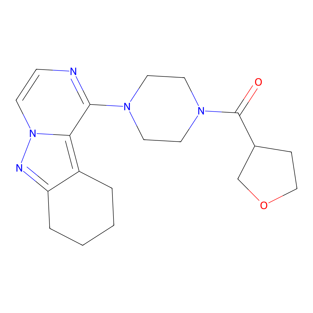 (Tetrahydrofuran-3-yl)(4-(7,8,9,10-tetrahydropyrazino[1,2-b]indazol-1-yl)piperazin-1-yl)methanone molecular structure, CAS 2034445-70-8